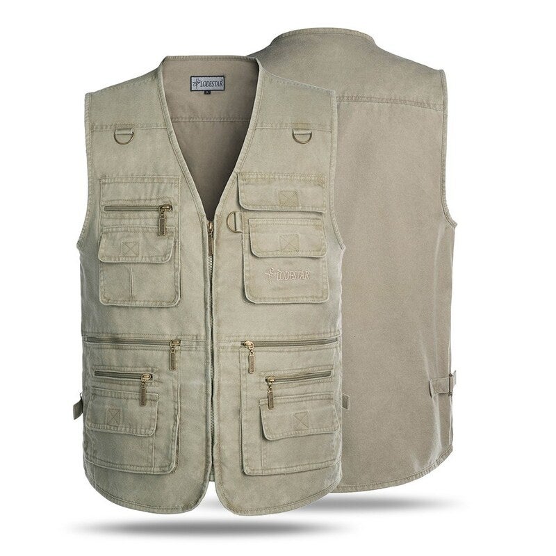 Outdoor Sleeveless Zipper Fishing Jacket Multi Pockets Light Khaki Vests