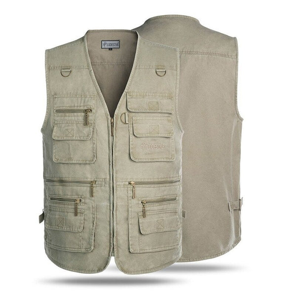 Outdoor Sleeveless Zipper Fishing Jacket Multi Pockets Light Khaki Vests