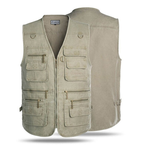 Outdoor Sleeveless Zipper Fishing Jacket Multi Pockets Light Khaki