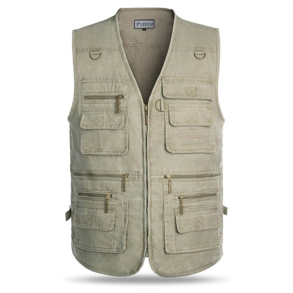 Outdoor Sleeveless Zipper Fishing Jacket Multi Pockets Light Khaki Vests