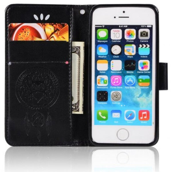 Owl Campanula Fashion Wallet Cover For Iphone 5 / Se 5S Phone Bag With Stand Pu Extravagant Retro Flip Leather Case Black