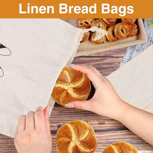 Bread Bag | Pack Of 4 Reusable Bags Drawstring Storage Washable Fabric Breathable Cotton For Homemade Baguettes And Other Pastries Black Food Storage