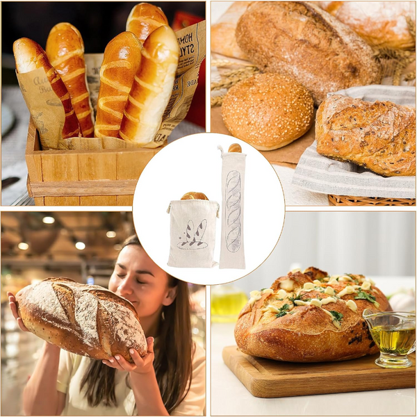 Bread Bag | Pack Of 4 Reusable Bags Drawstring Storage Washable Fabric Breathable Cotton For Homemade Baguettes And Other Pastries Black Food Storage