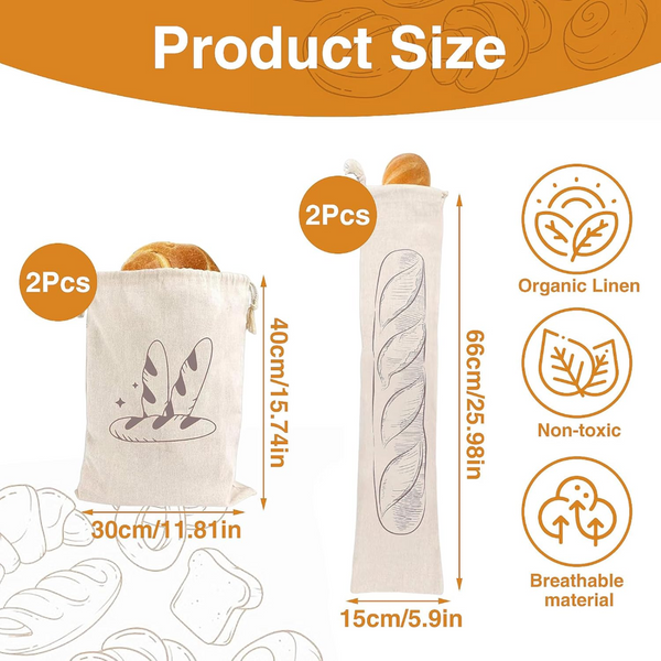 Bread Bag | Pack Of 4 Reusable Bags Drawstring Storage Washable Fabric Breathable Cotton For Homemade Baguettes And Other Pastries Black Food Storage