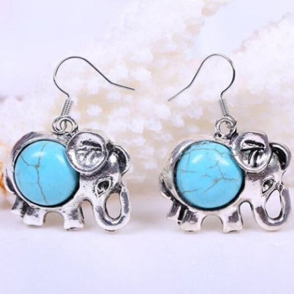 Pair Of Ethnic Faux Turquoise Elephant Design Drop Earrings Water Blue