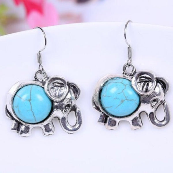 Pair Of Ethnic Faux Turquoise Elephant Design Drop Earrings Water Blue