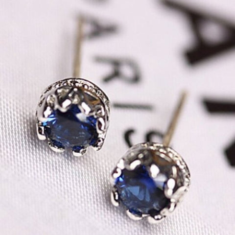 Pair Of Zircon Faux Sapphire Crown Earrings Blue
