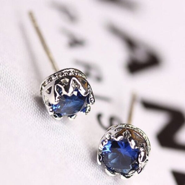 Veile Studios Pair Of Zircon Faux Sapphire Crown Blue Earrings