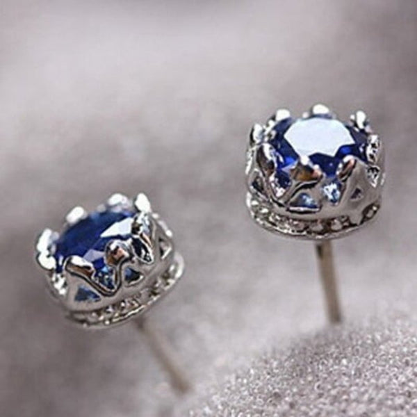 Veile Studios Pair Of Zircon Faux Sapphire Crown Blue Earrings