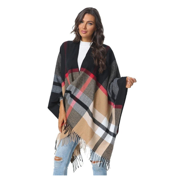 Elosung 1 Sets Of Palace Classical Black And Red Elegant Autumn Winter Shawl Artistic Split Design Knit Cloak With Oil Painting Style Scarves & Wraps