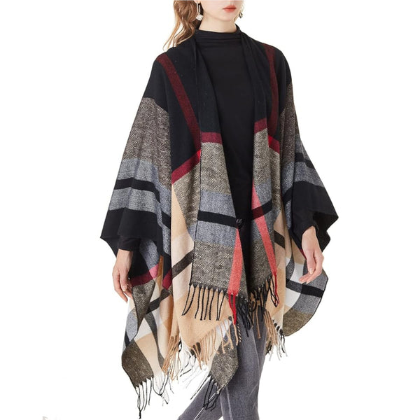 Elosung 1 Sets Of Palace Classical Black And Red Elegant Autumn Winter Shawl Artistic Split Design Knit Cloak With Oil Painting Style Scarves & Wraps