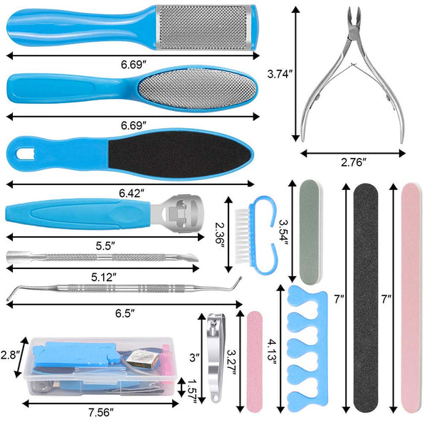 Pedicure Kit 20 In 1 Blue Stainless Steel Professional Tools Set Foot Rasp Peel Callus Dead Skin Remover Care