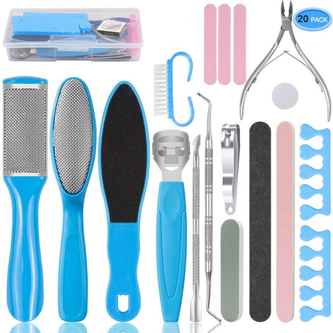 Pedicure Kit 20 In 1 Blue Stainless Steel Professional Tools Set Foot Rasp Peel Callus Dead Skin Remover Care