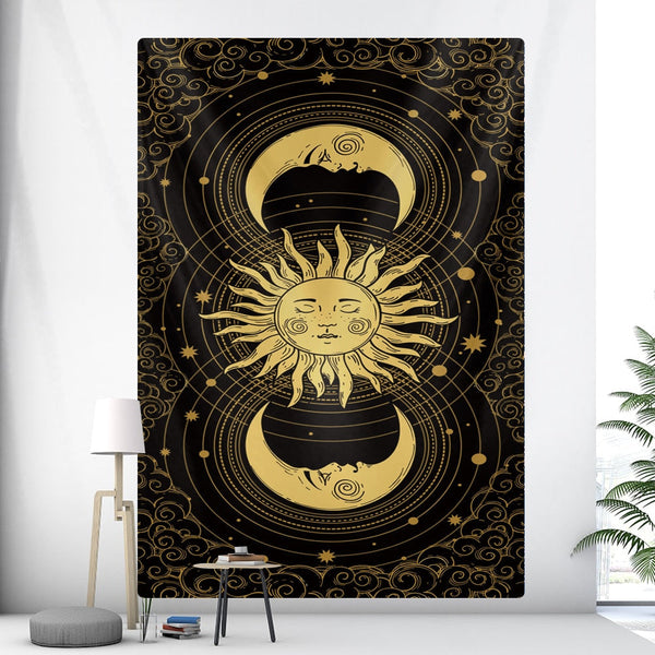 Tapestry Black Yellow Sun Moon 95X70 Cm Bohemian Decor Art Sheets Tapestries