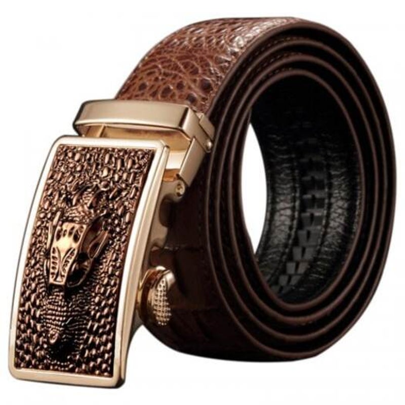 Personalized Dragon Head Pattern Men's Cowhide Leather Belt With Crocodile Automatic Buckle Camel Brown 120Cm Belts