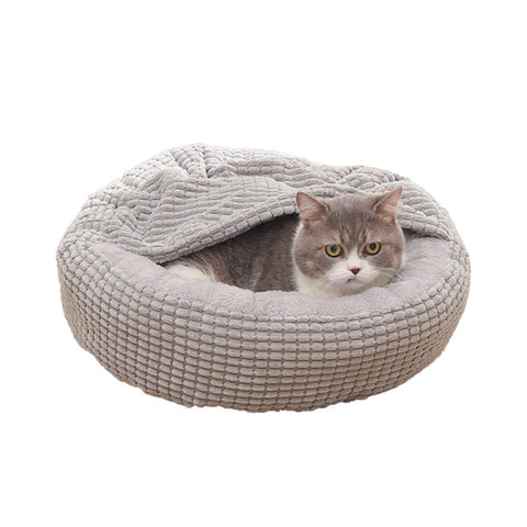 Pet Bed With Attached Blanket Hooded Calming Cushioned Cave For Small Dogs Cats