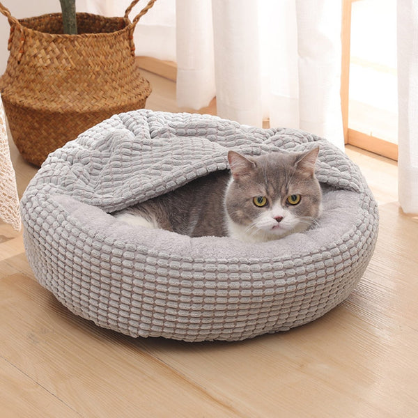 Pet Bed Attached Blanket Hooded Calming Cushioned Cave Small Breed Pet Beds