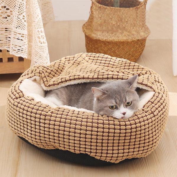 Pet Bed With Attached Blanket Hooded Calming Cushioned Cave For Small Dogs Cats