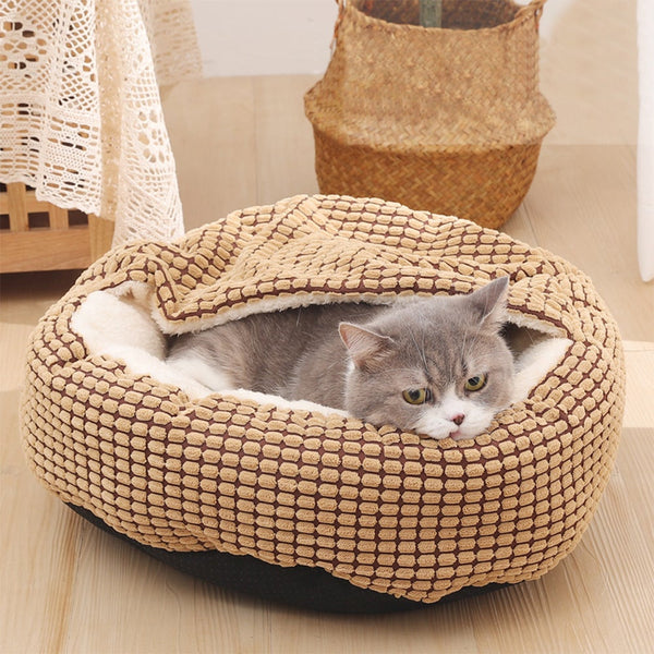 Pet Bed Attached Blanket Hooded Calming Cushioned Cave Small Breed Pet Beds