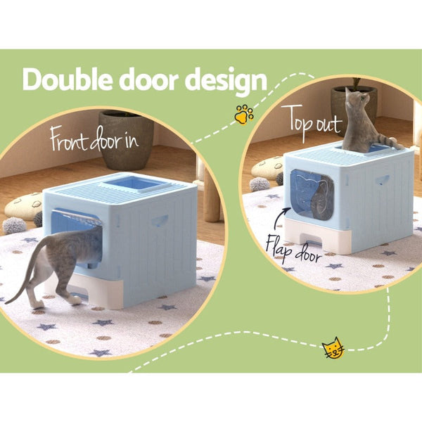 I.Pet Box Large Tray Kitty Toilet Enclosed Hooded Foldable Scoop Blue Cat Litter