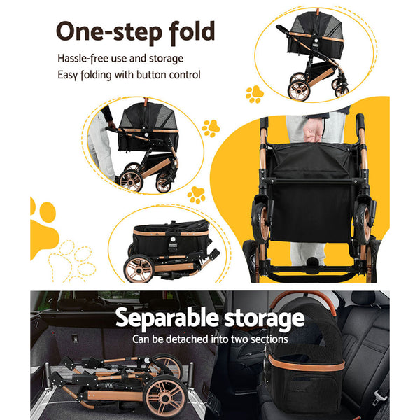 I.Pet Dog Stroller Pram Large Cat Carrier Travel Pushchair Foldable 4 Wheels