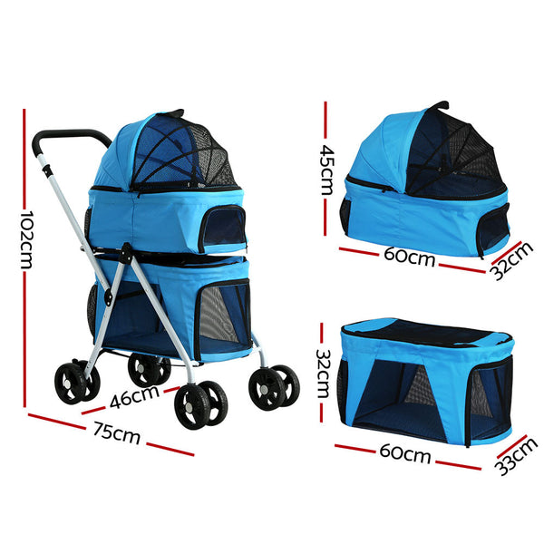 I.Pet Stroller Dog Pram Large Cat Carrier Travel Foldable 4 Wheels Double