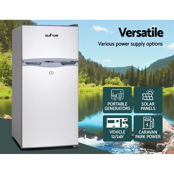 Glacio 100L Fridge Bar Freezer Cooler Upright 12V/24V/240V Silver Mini Fridges