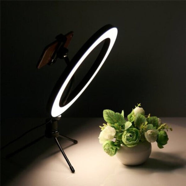 Photography Led Selfie Ring Light 26Cm Dimmable Camera Phone Lamp 10Inch With Table Tripods Black