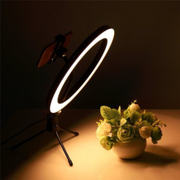 Photography Led Selfie Ring Light 26Cm Dimmable Camera Phone Lamp 10Inch With Table Tripods Black Selfie Lights