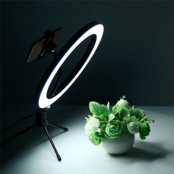 Photography Led Selfie Ring Light 26Cm Dimmable Camera Phone Lamp 10Inch With Table Tripods Black Selfie Lights