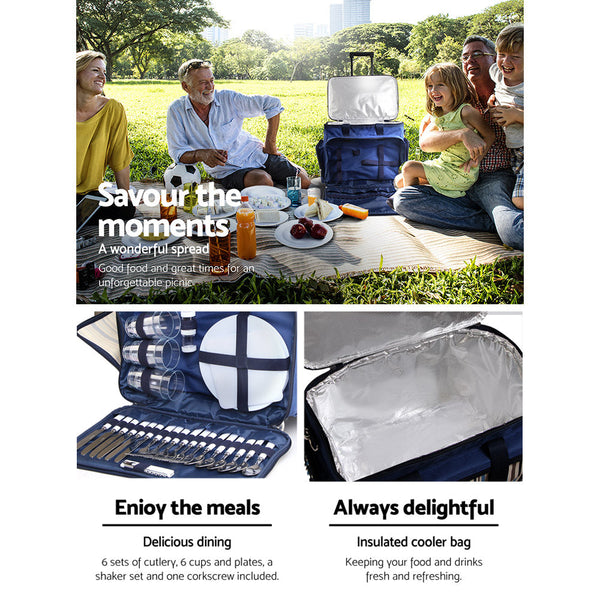 Alfresco 6 Person Picnic Basket Set Bag Cooler Wheels Insulated Picnic Baskets & Backpacks