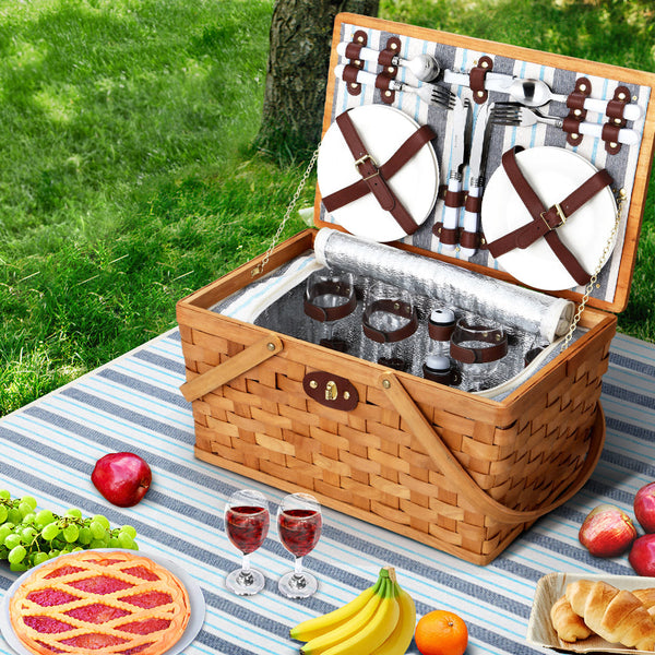 Alfresco Picnic Basket Set Cooler Bag 4 Person Outdoor Insulated Liquor Picnic Baskets & Backpacks