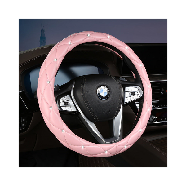 Pink Luxury Bling Steering Wheel Cover Black Quilted Leather With Crystal Rhinestones Universal 38Cm Fit Steering Wheel Covers