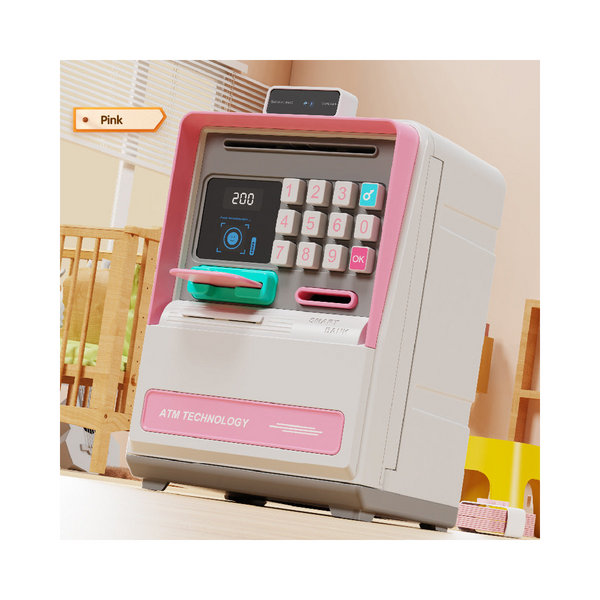 Kids Electronic Atm Piggy Bank With Simulated Facial Recognition & Password Auto Roll In Banknote Coin Money Box For Financial Learning(Pink) Money Bo