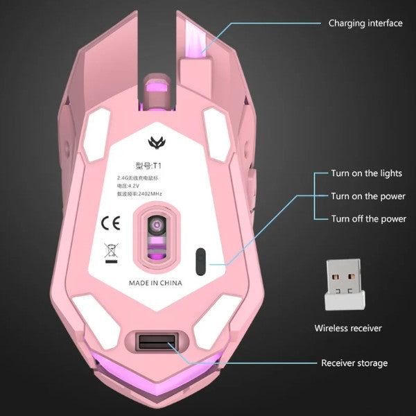 Pink Black T1 Ergonomic 2.4G Rechargeable Mouse For Pc Computer Silent Backlit Usb Optical Wireless Gaming Mice Trackballs & Touchpads