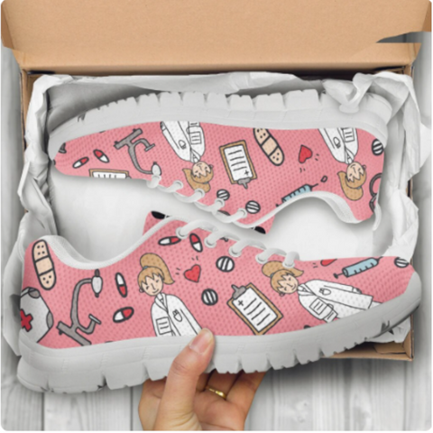 Pink White Nurse Doctor Pattern Woman Flats Lace Up Shoe Sneakers Breahtable Shoes