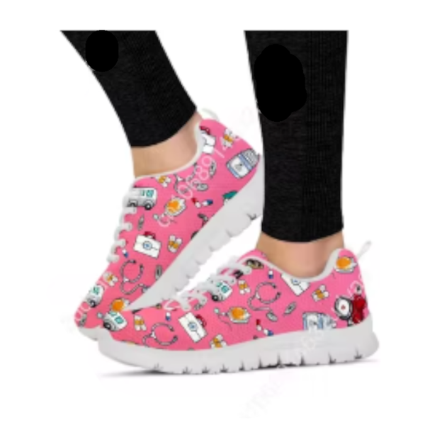 Pink White Nurse Doctor Pattern Woman Flats Lace Up Shoe Sneakers Breahtable Shoes Comfort Shoes
