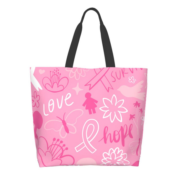 Pink Ribbon Breast Cancer Large Capacity Shopping Tote Bag Reusable Shopping Bags