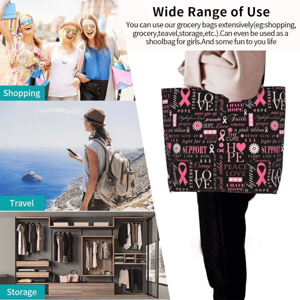 Pink Ribbon Breast Cancer Large Capacity Shopping Tote Bag Reusable Shopping Bags
