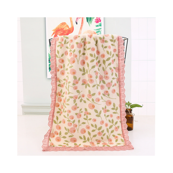 Pink Floral Lace Trim Towel Set Ultra Soft Absorbent Coral Fleece Bath & Face Towels & Washcloths