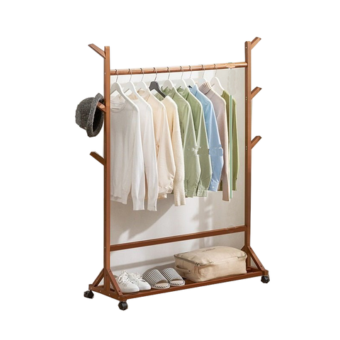 Portable Coat Stand Rack Rail Clothes Hat Garment Hanger Hook With Shelf Bamboo 9 Without Dark Brown Finished