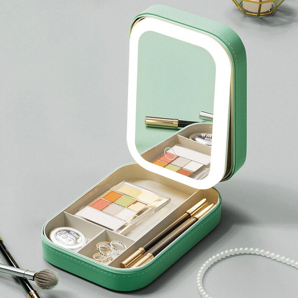 Jewelry & Makeup Organizer Box With Led Touch Mirror Rechargeable Lighting (Green) Jewellery Holders & Organisers