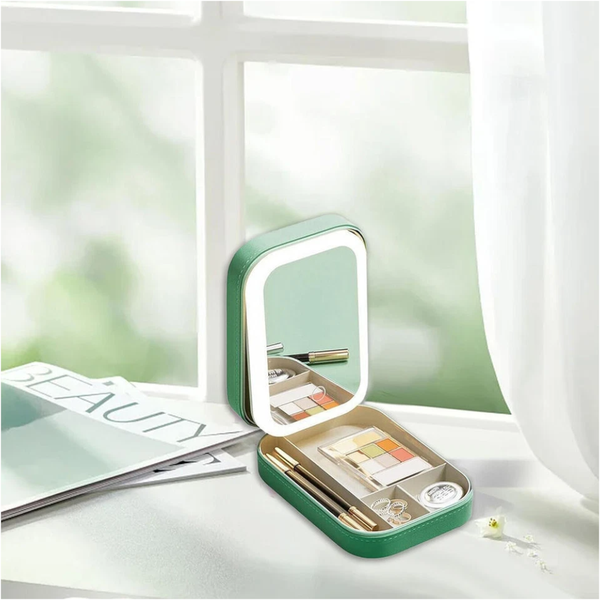 Jewelry & Makeup Organizer Box With Led Touch Mirror Rechargeable Lighting (Green) Jewellery Holders & Organisers