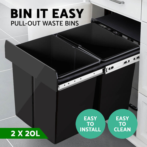 Cefito 2X20l Pull Out Bin Black Rubbish Bins