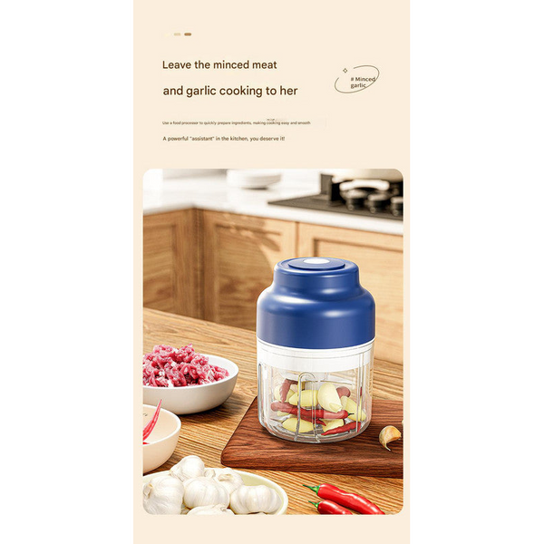 Powerful Mini Electric Food Chopper Usb Rechargeable Cordless Garlic & Meat Mincer(Purple 250Ml + 4 Blade Knife) Choppers
