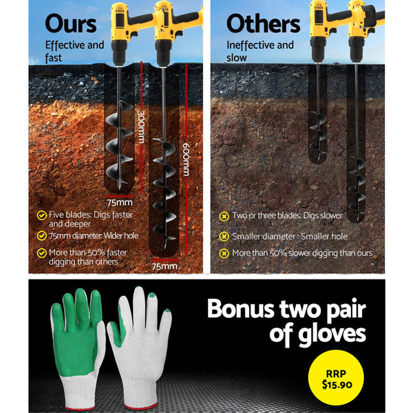Giantz Power Garden Spiral Auger Hole Digger Earth Drill Bit 75X300 & 600Mm Post Hole Diggers & Augers