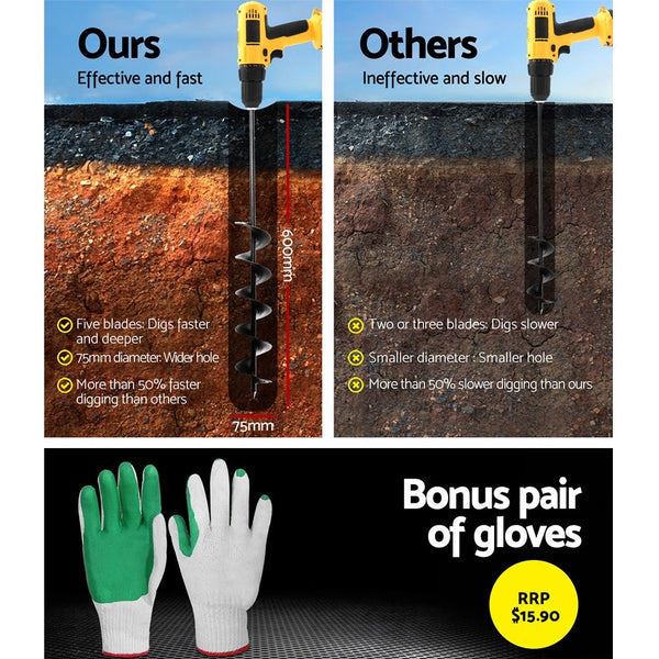 Giantz Power Garden Auger Small Earth Planter 75 X 600Mm Black Post Hole Diggers & Augers