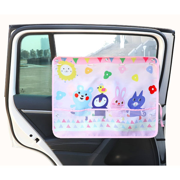 Printed Car Sunshade With Mesh Pocket Polyester Fabric Block Sun Visors