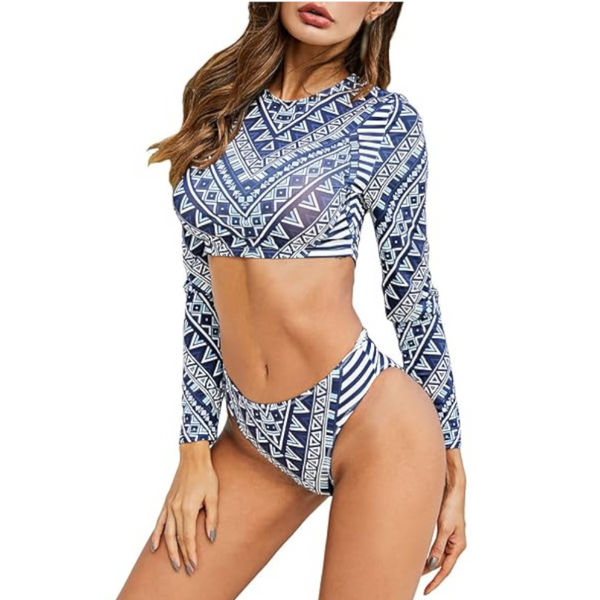 Printed Long Sleeve Top And Brief Swim Set Swimwear