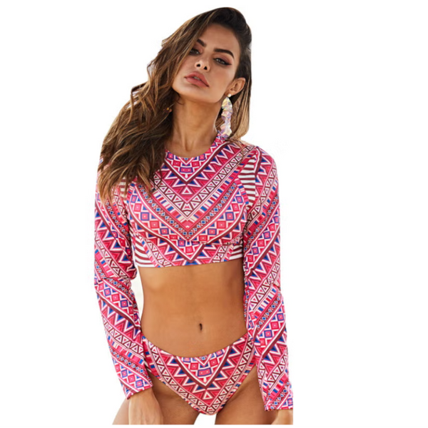 Printed Long Sleeve Top And Brief Swim Set Swimwear